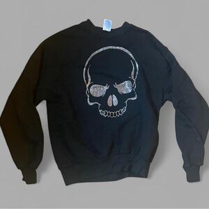Jerzees Black Crewneck Sweater with Rhinestone Skull